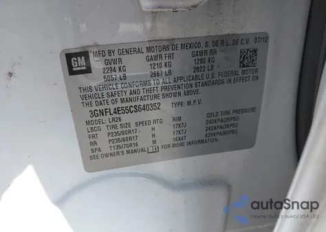 2012 Chevrolet Captiva Sport Ltz z USA, uszkodzony, nr VIN 3GNFL4E55CS640352